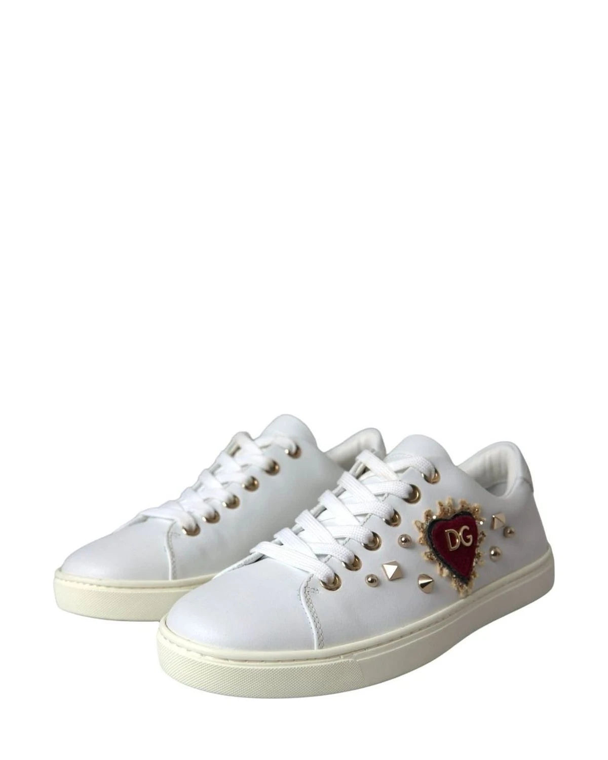 Dolce & Gabbana White Leather Gold Red Heart Sneakers Shoes Sneakers
