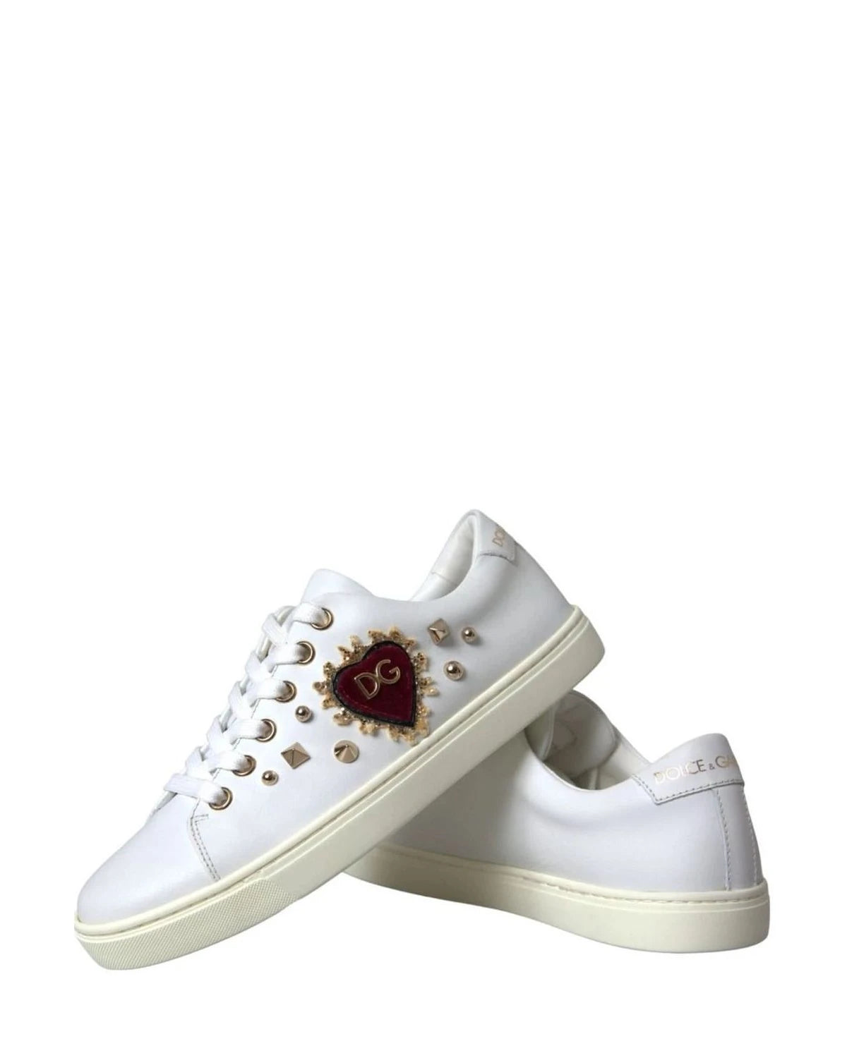 Dolce & Gabbana White Leather Gold Red Heart Sneakers Shoes Sneakers