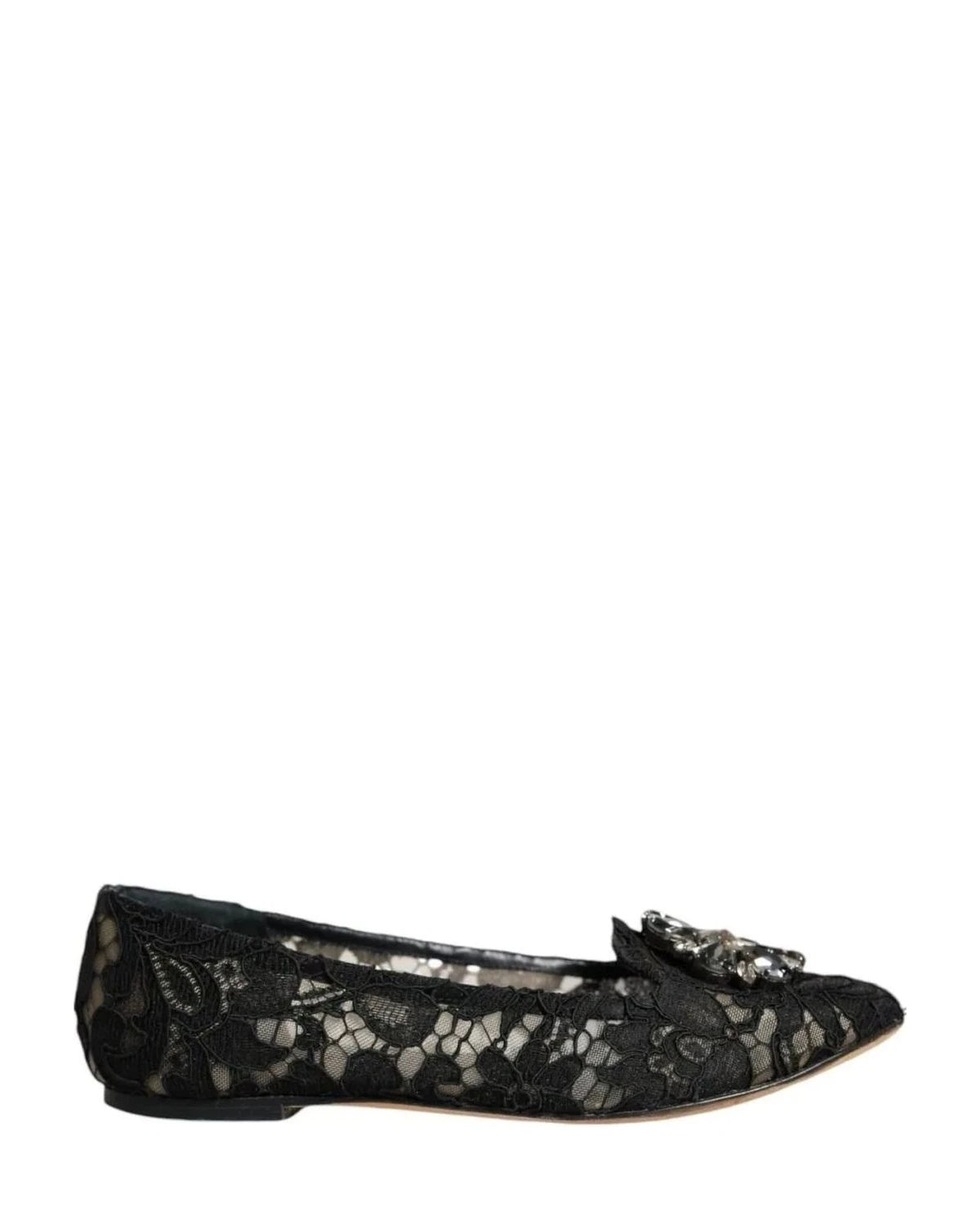 Dolce & Gabbana Black Lace Crystal Ballet Flats Loafer Shoes Flats