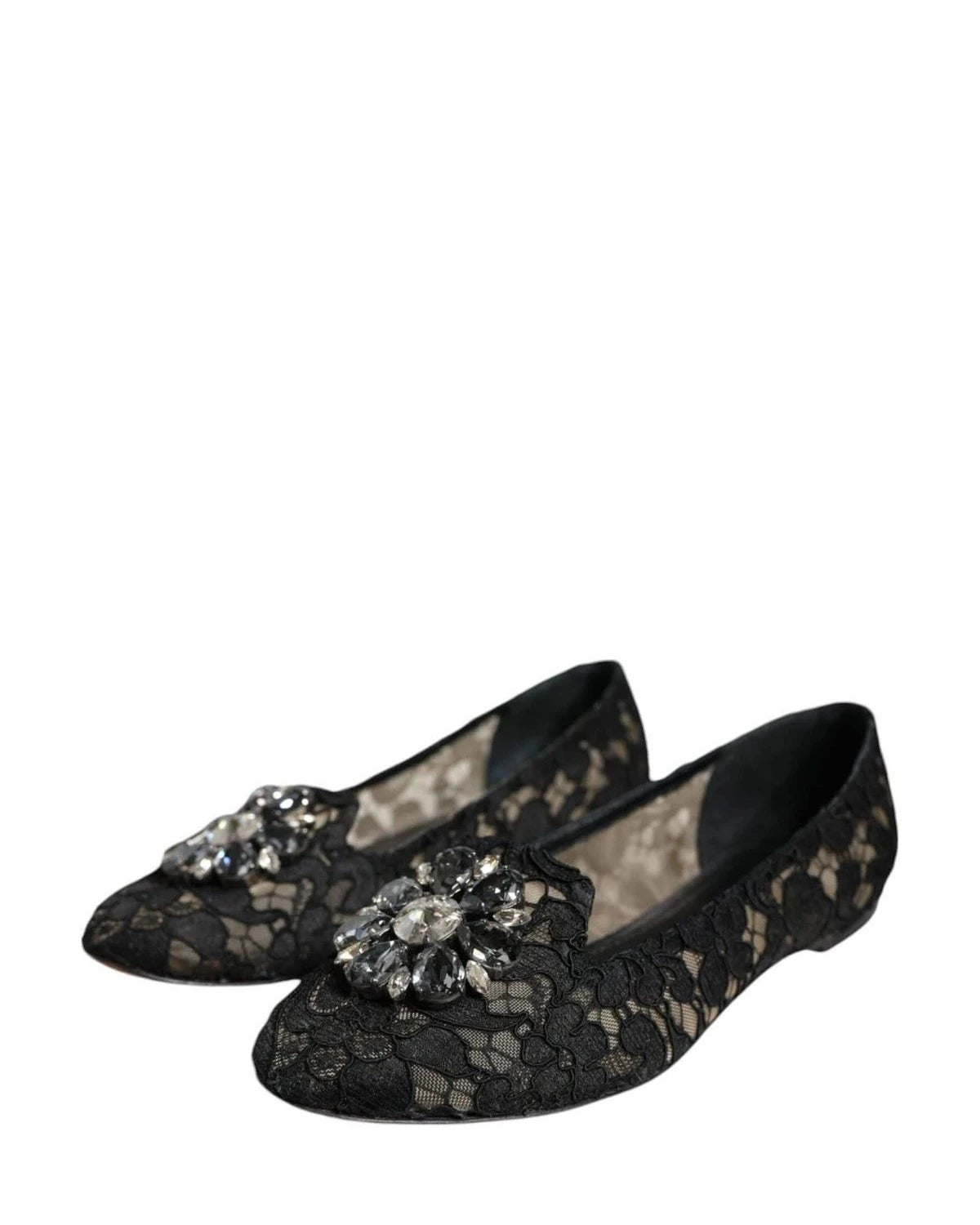 Dolce & Gabbana Black Lace Crystal Ballet Flats Loafer Shoes Flats