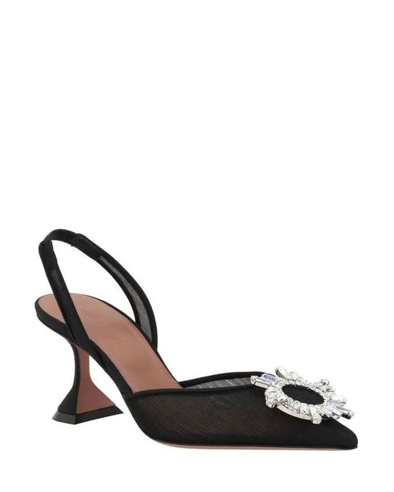 Amina Muaddi Black Nylon High Heel Pumps 
