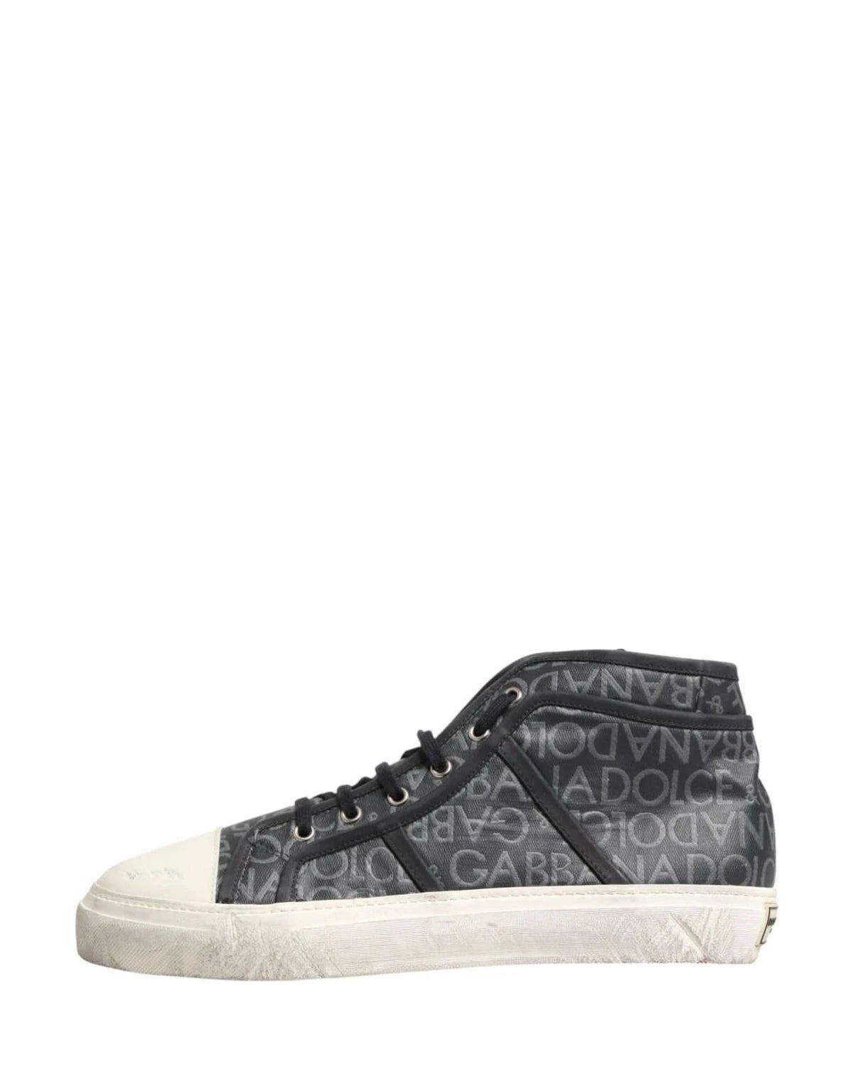 Dolce & Gabbana Black Canvas White Logo Mid Top Sneakers Shoes 