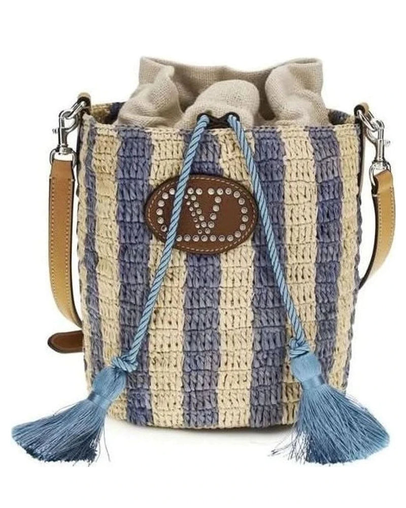Valentino Garavani Blue Raffia Bucket Bag Glam Steals
