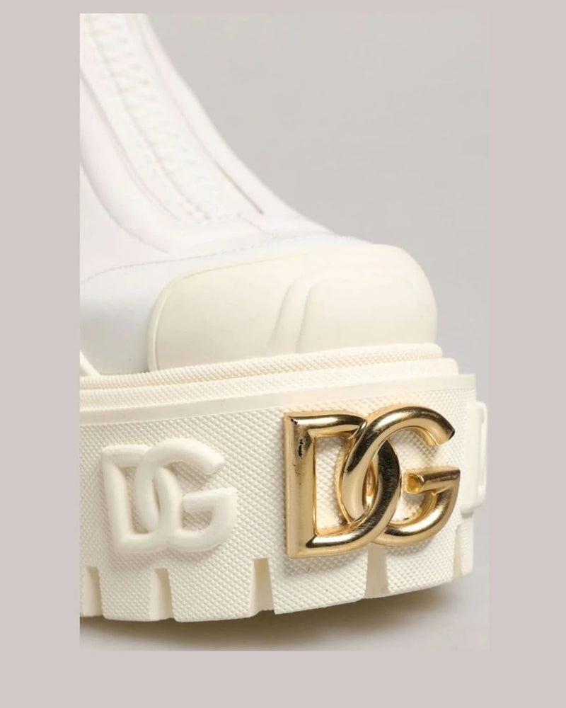 Dolce & Gabbana White Leather Rubber Logo Ankle Boots 