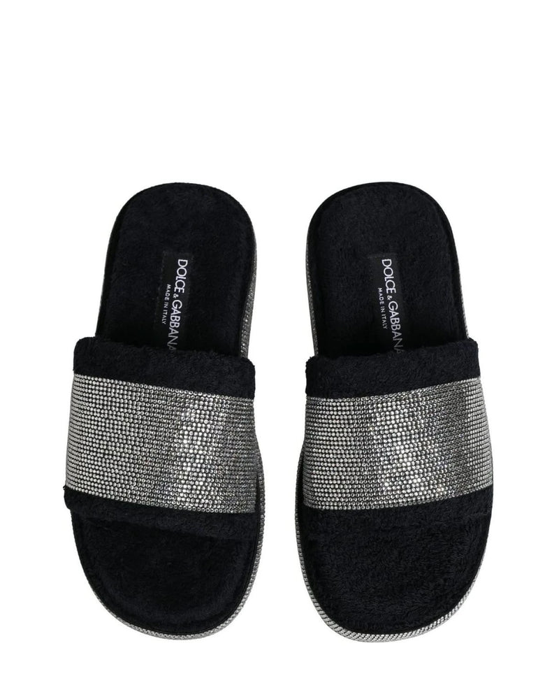 Dolce & Gabbana Black Crystal Embellished Platform Slides Shoes 