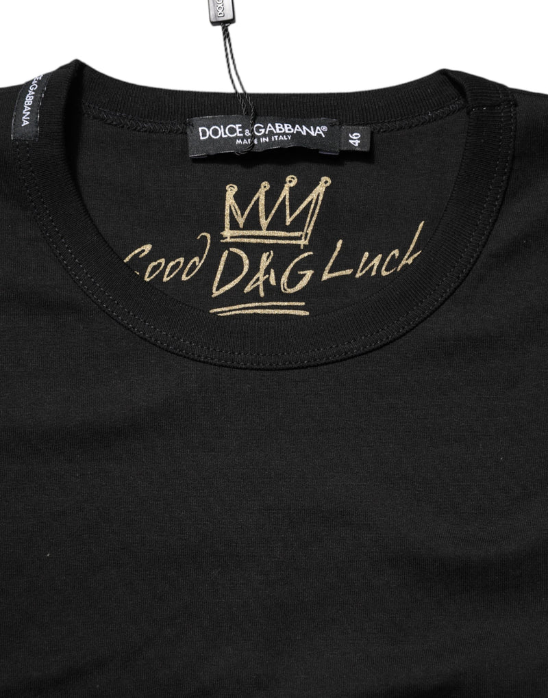 Dolce & Gabbana Black Cotton Goodluck Tee Crew Neck T-shirt Glam Steals