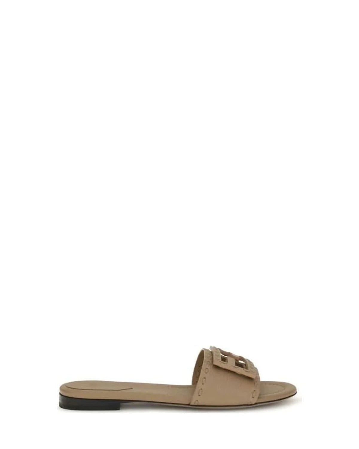 Beige Calf Leather Bos Taurus Flat Sandals 