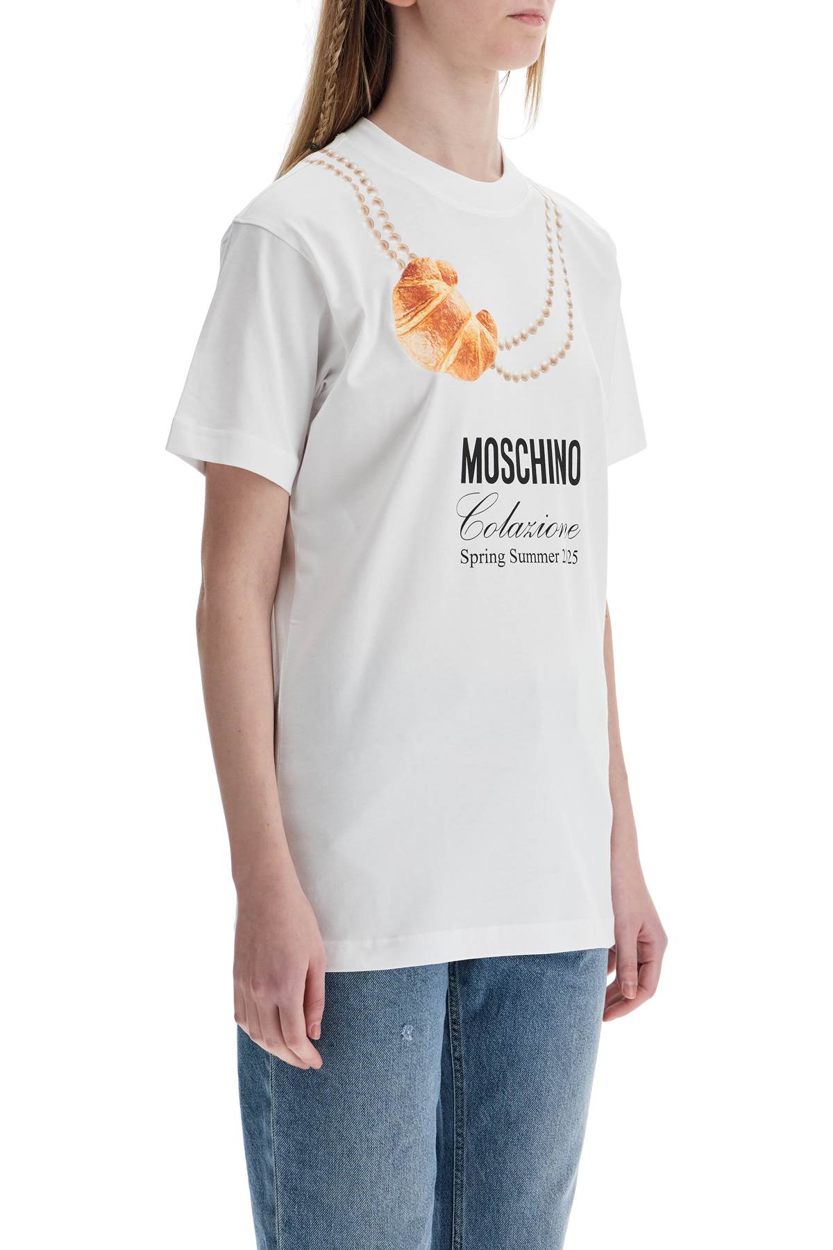 Moschino Cotton T-Shirt With Croissant And Pearls White Print