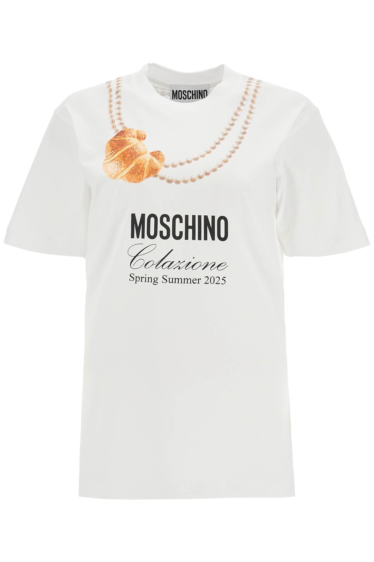 Moschino Cotton T-Shirt With Croissant And Pearls White Print