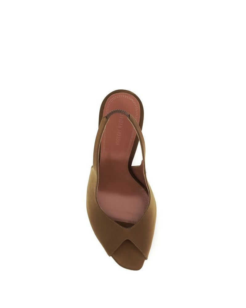 Amina Muaddi Brown Silk Stiletto Heel Sandals Glam Steals