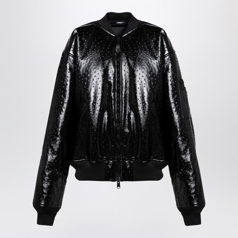 Balenciaga Black Leather Ostrich Effect Bomber Jacket Glam Steals