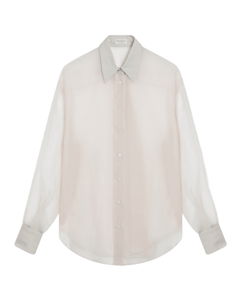 Brunello Cucinelli Beige Silk Crispy Shirt with Monile Detail Glam Steals