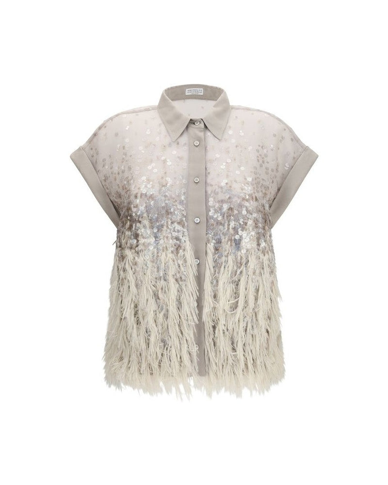 Brunello Cucinelli Beige Silk Shortsleeve Shirt Glam Steals