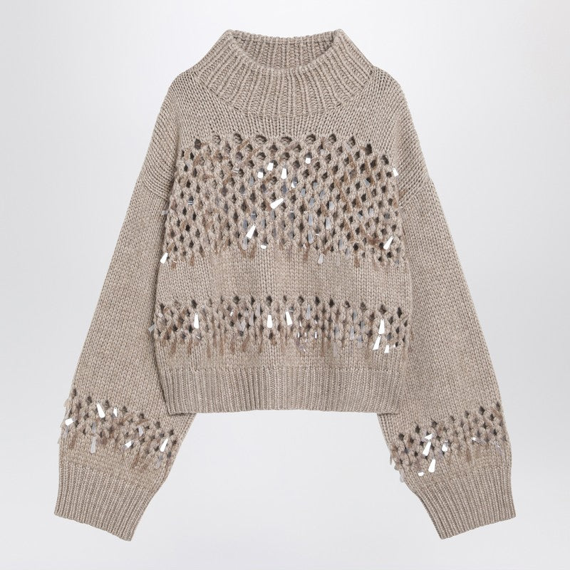 Brunello Cucinelli Brown Openwork Sweater with Sequins Glam Steals