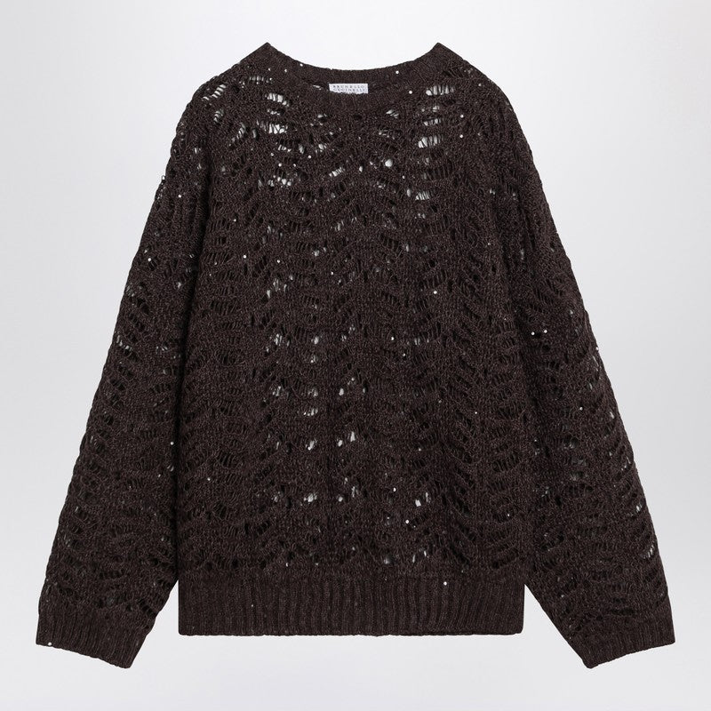 Brunello Cucinelli Brown Perforated Sweater with Micro Sequins Glam Steals