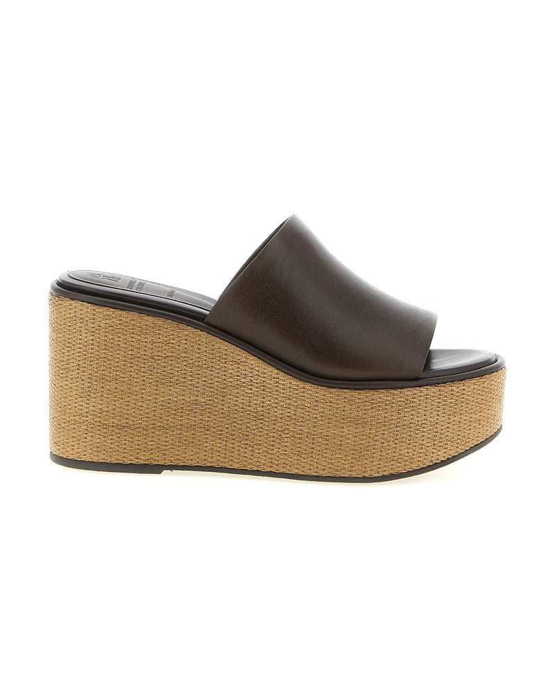 Brunello Cucinelli Leather Raffia Wedges Sandals