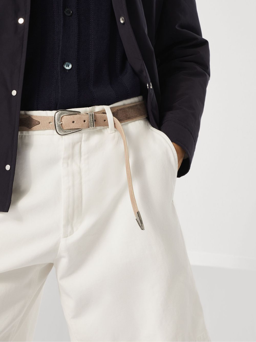 Brunello Cucinelli Two Tone Belt in Reversed Calfskin with Worked Buckle and Tip Glam Steals