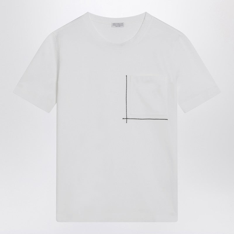 Brunello Cucinelli White Cotton T-shirt with Shiny Pocket Glam Steals