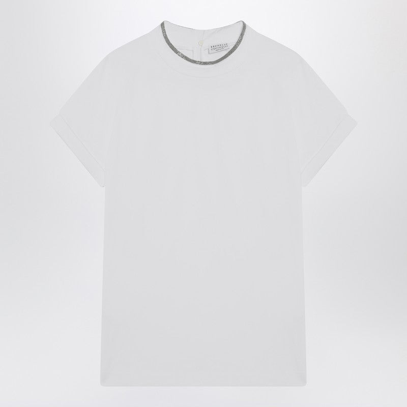 Brunello Cucinelli White Crew Neck T-shirt with Pendant Glam Steals