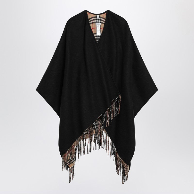 Burberry Black Wool Cape with Check Pattern Glam Steals