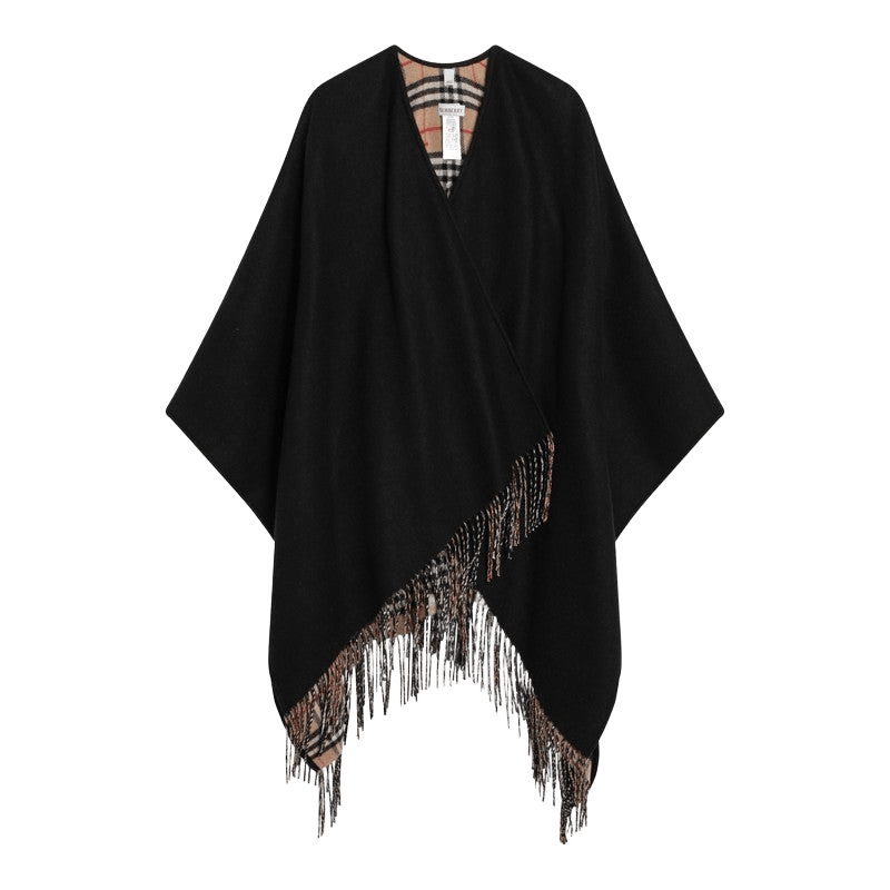 Burberry Black Wool Cape with Check Pattern Glam Steals
