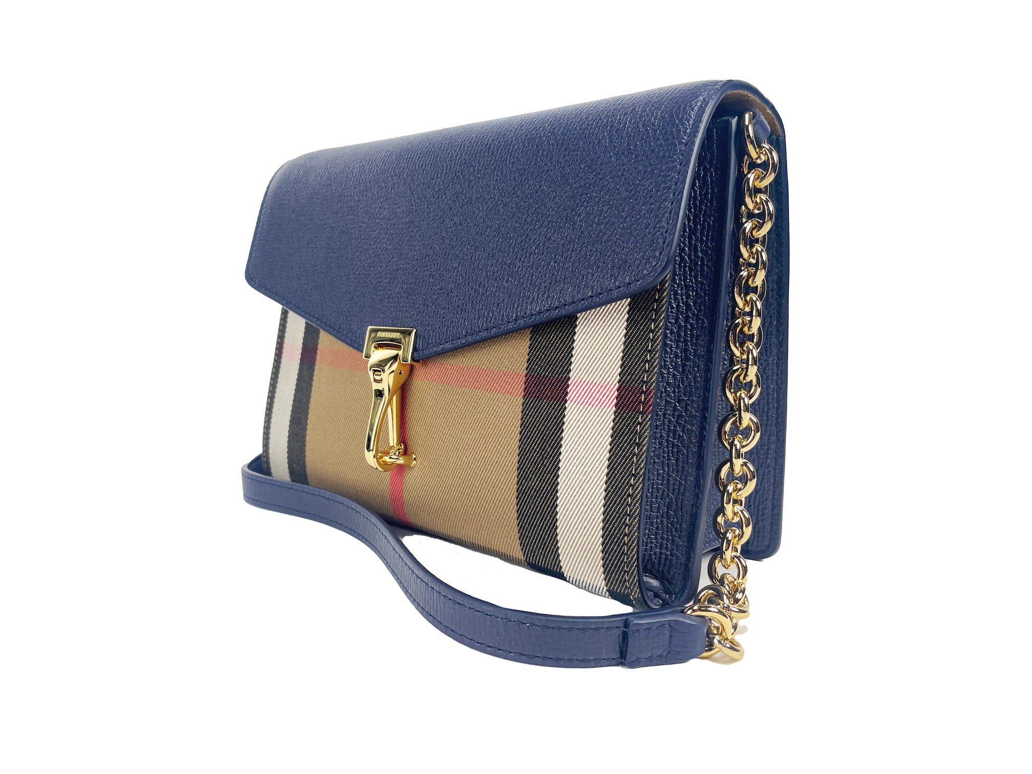 Burberry Macken Small Regency House Check Leather Crossbody Blue Bag Glam Steals