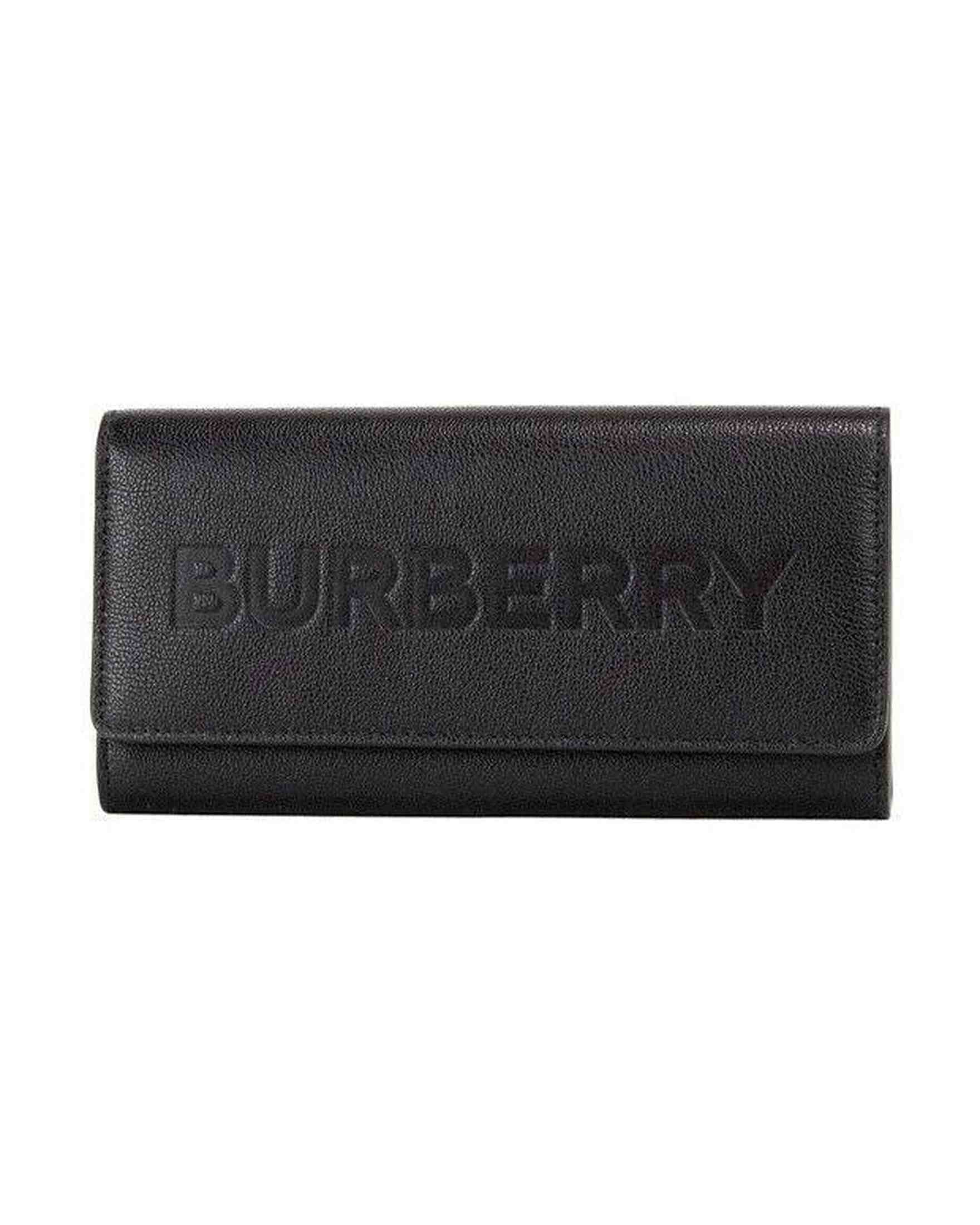 Burberry Porter Grained Leather Branded Logo Embossed Clutch Flap Black Wallet Glam Steals