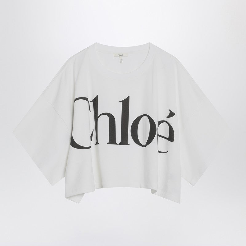 Chloé White Boxy T-shirt with Logo Print Glam Steals