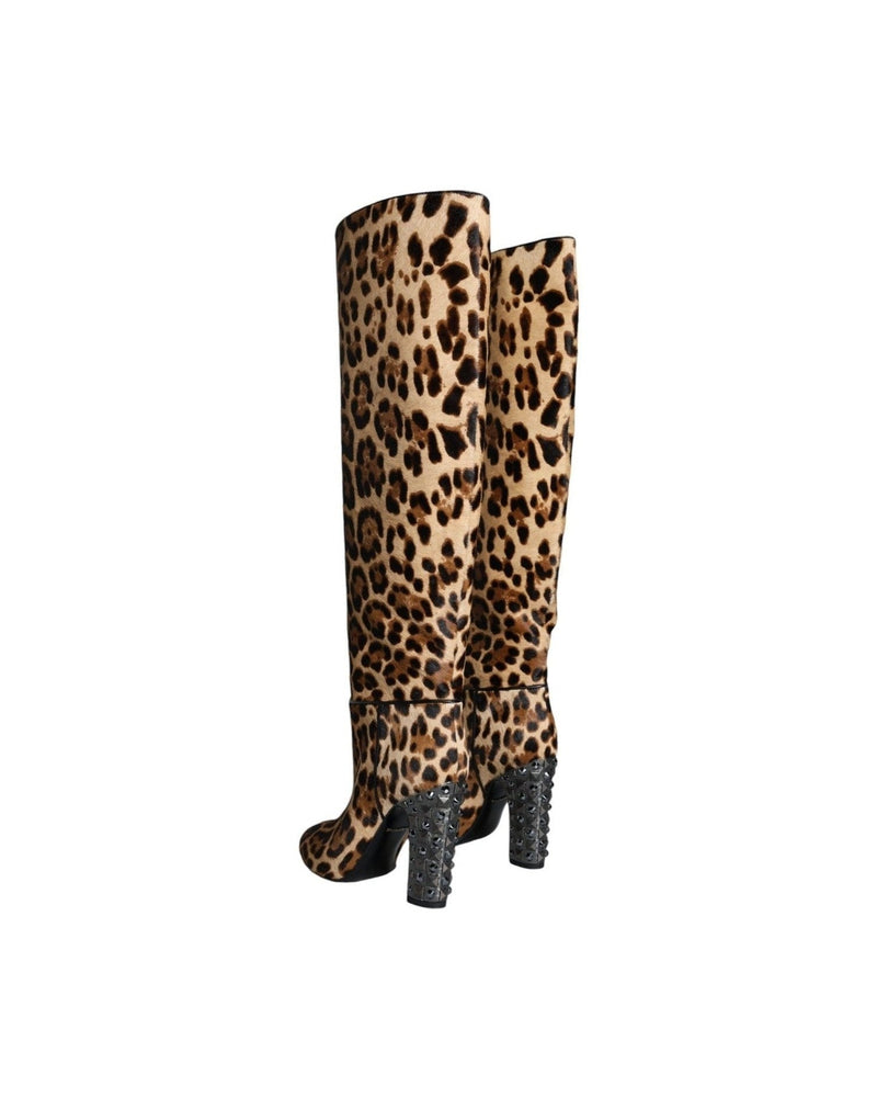 Dolce & Gabbana Beige Black Leopard Knee High Boots Shoes Glam Steals