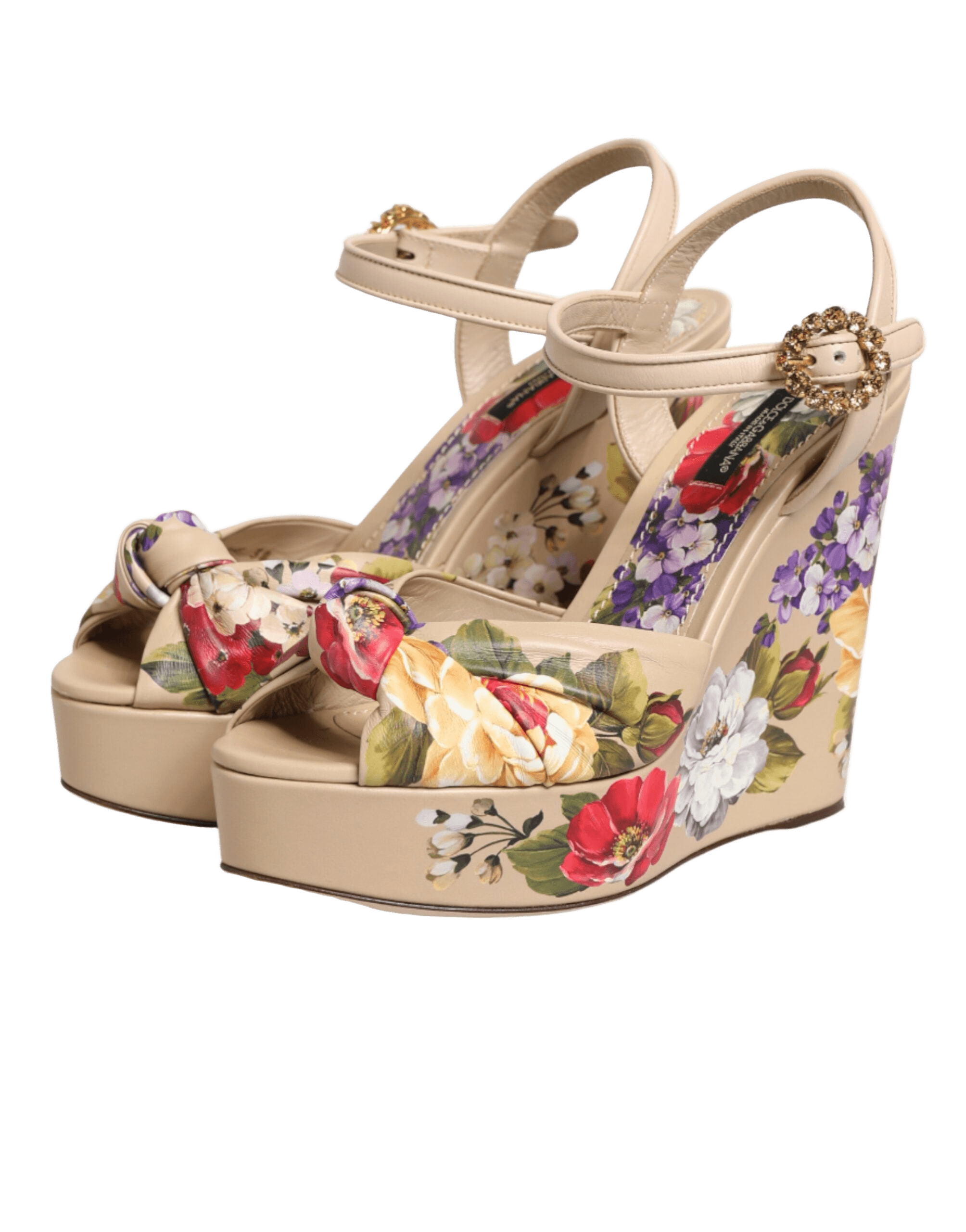 Dolce & Gabbana Beige Floral Ankle Strap Wedge Sandals Shoes Glam Steals