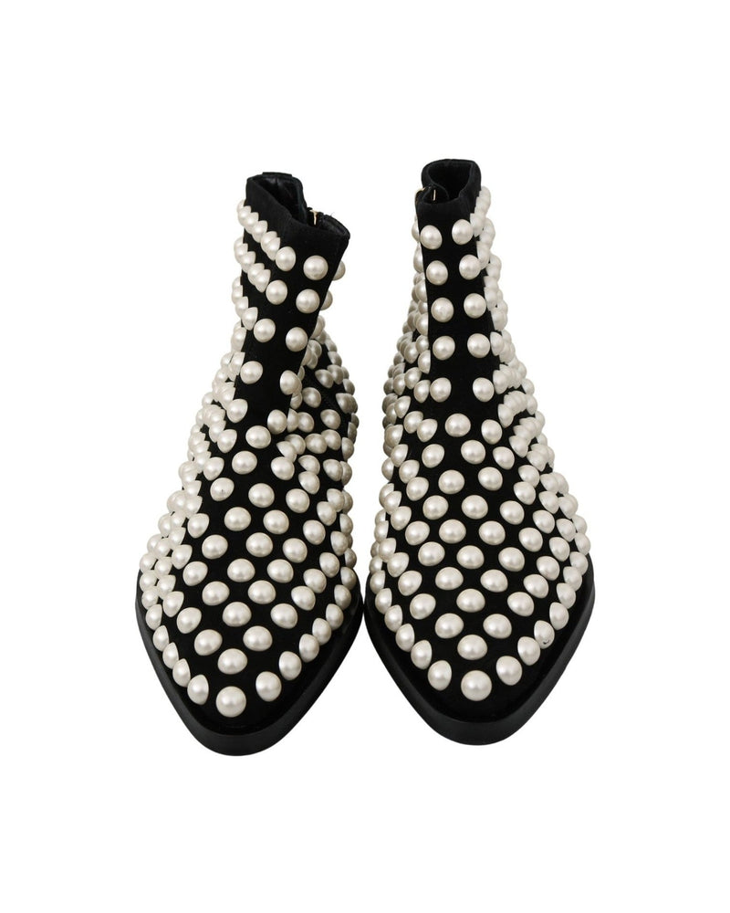 Dolce & Gabbana Chic Suede Ankle Boots With Black Pearls Glam Steals