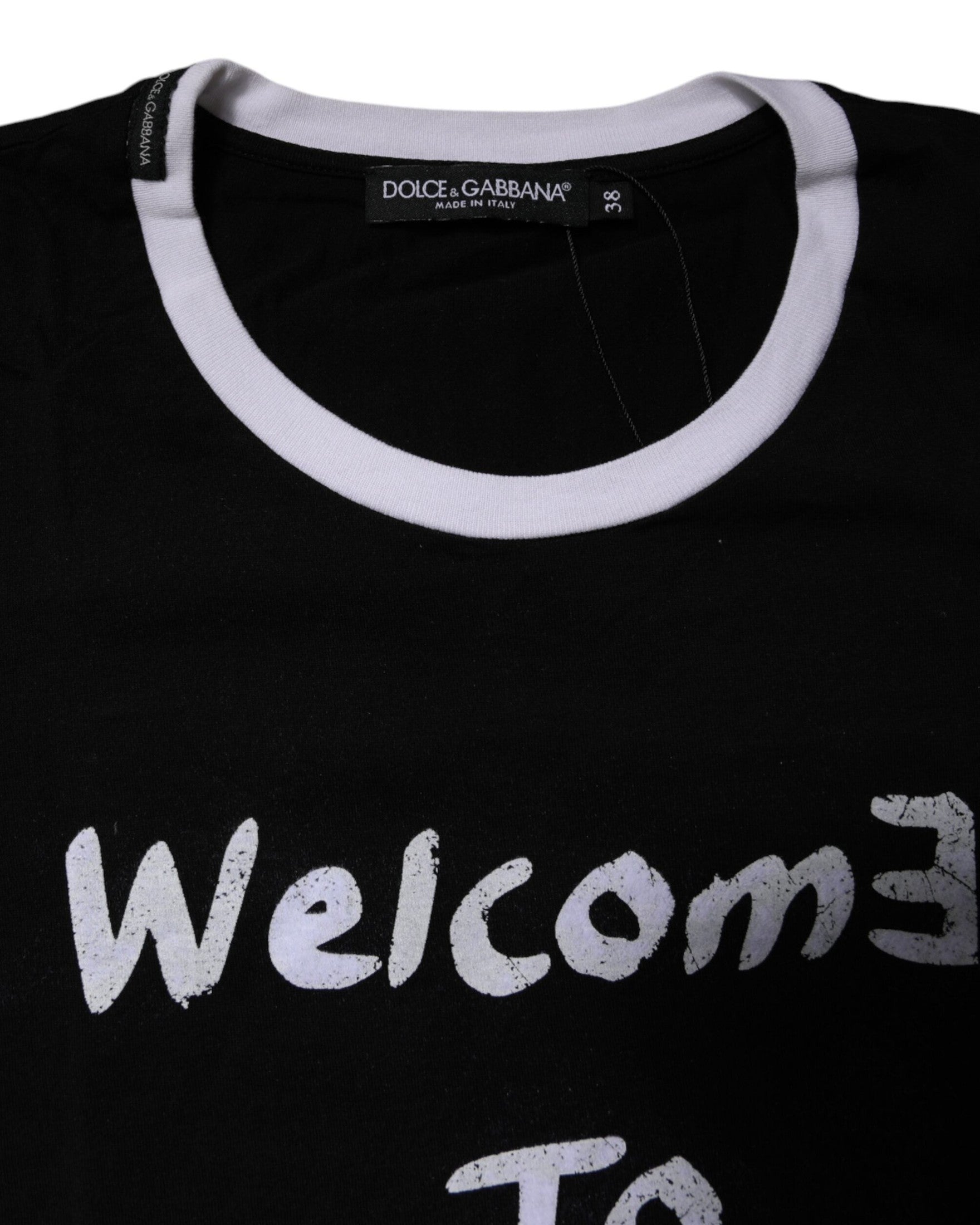 Dolce & Gabbana Black Cotton Printed Round Neck Top T-shirt Glam Steals