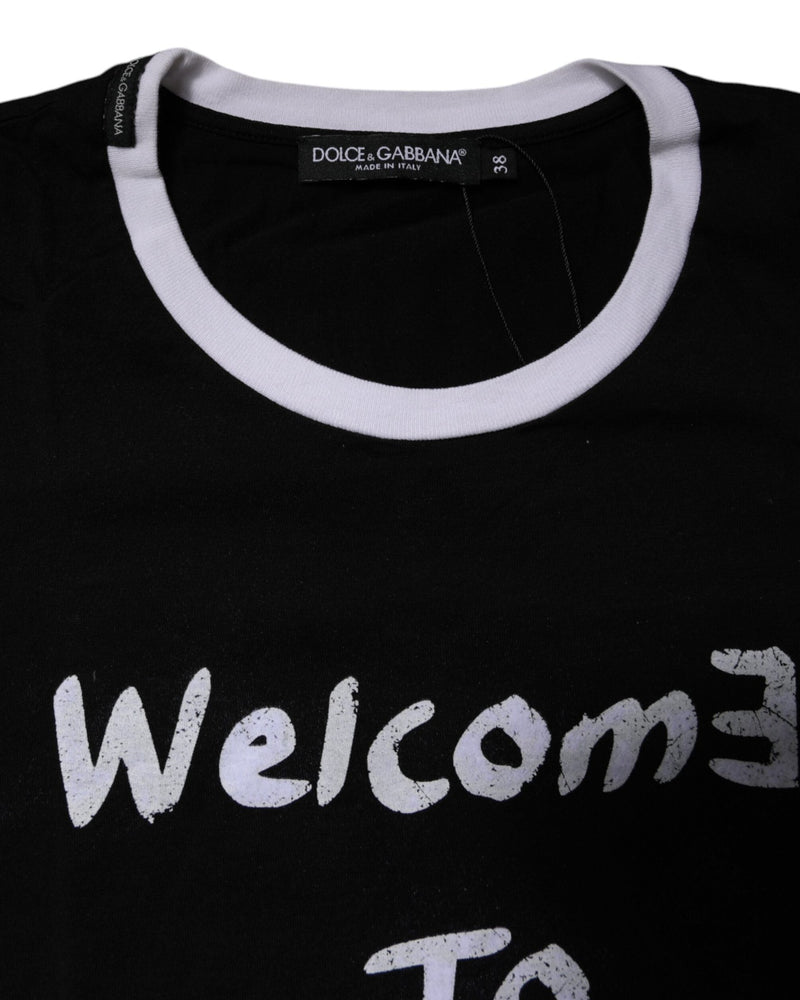 Dolce & Gabbana Black Cotton Printed Round Neck Top T-shirt Glam Steals