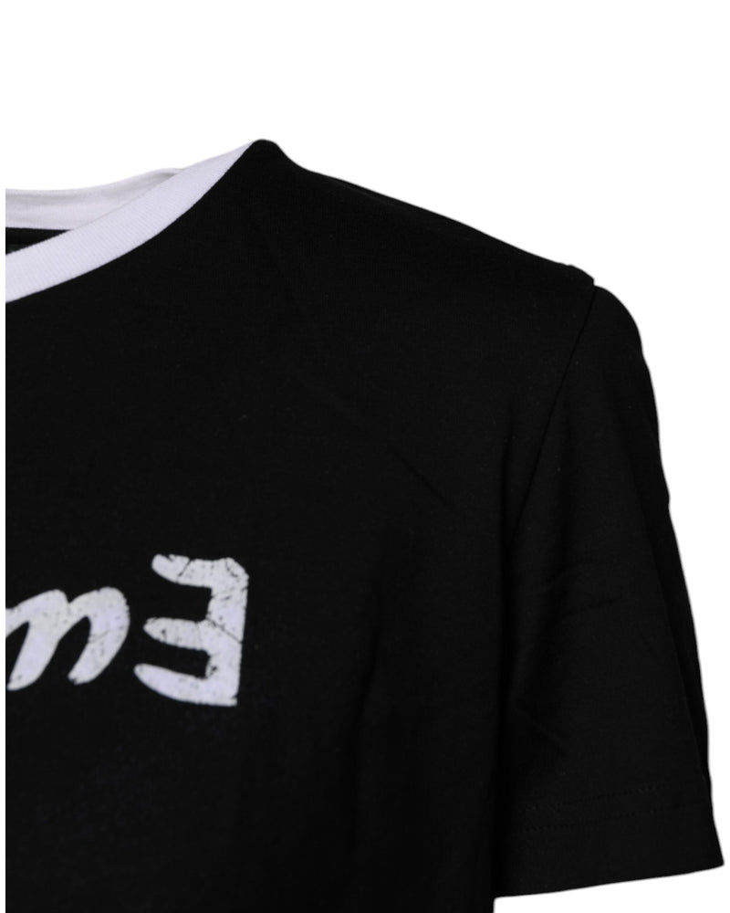 Dolce & Gabbana Black Cotton Printed Round Neck Top T-shirt Glam Steals