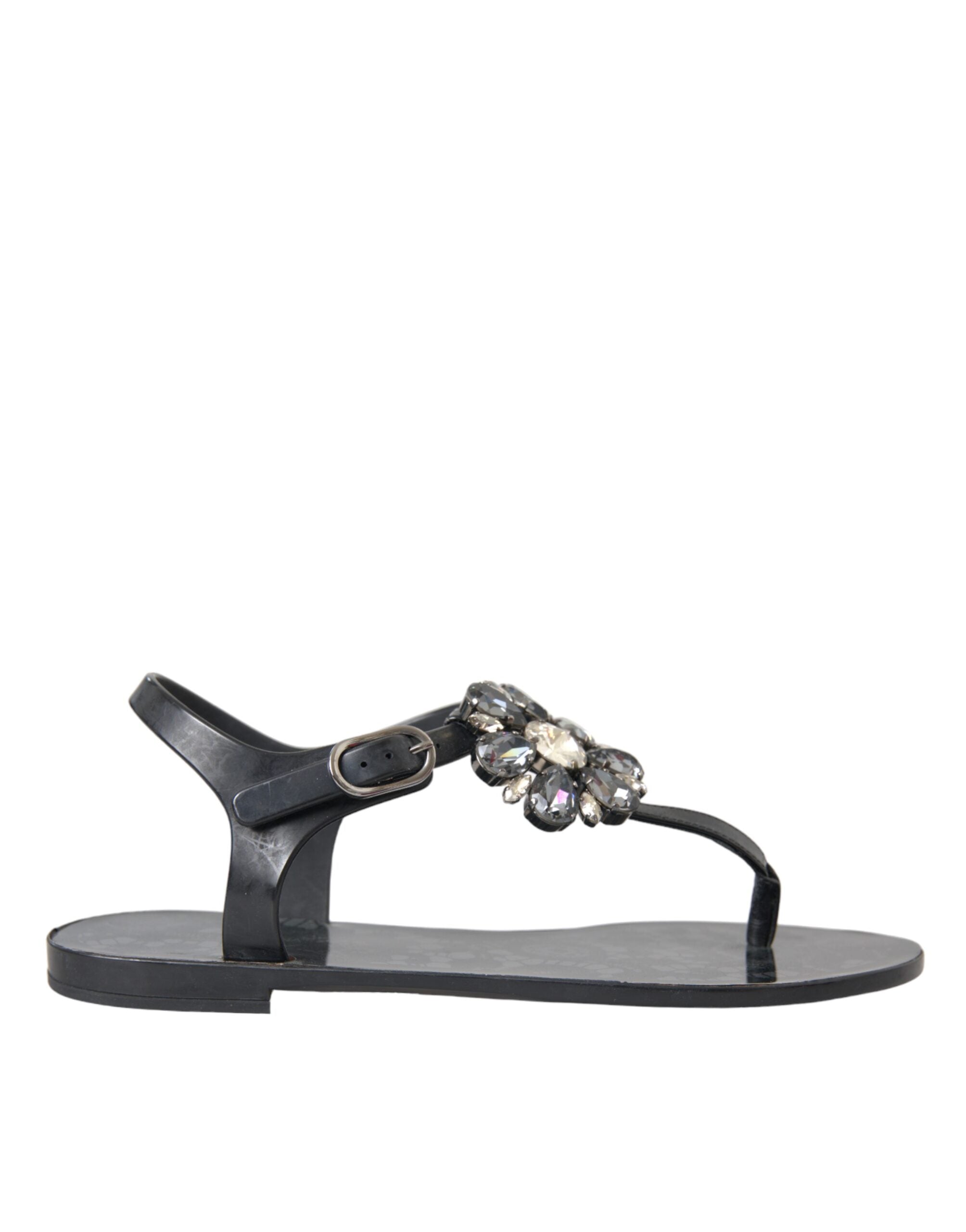 Dolce & Gabbana Black Crystal Flats Sandals Flip Flops Shoes Glam Steals
