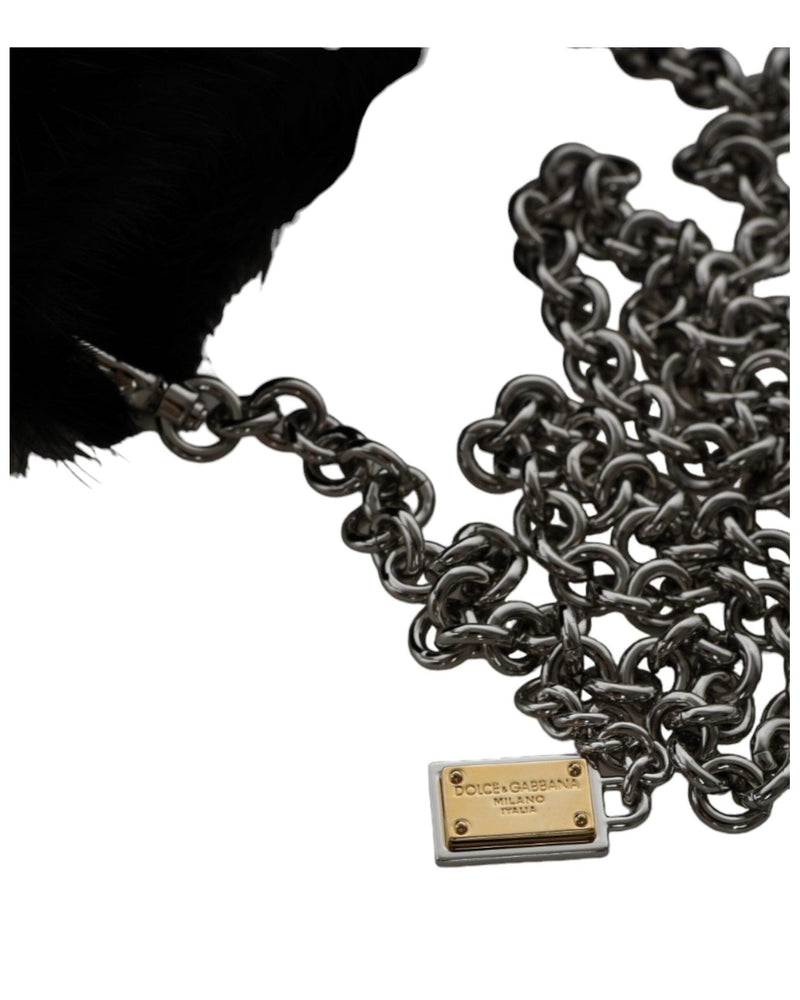 Dolce & Gabbana Faux Fur Chain Crossbody Shoulder Purse Black Silver Bag Glam Steals