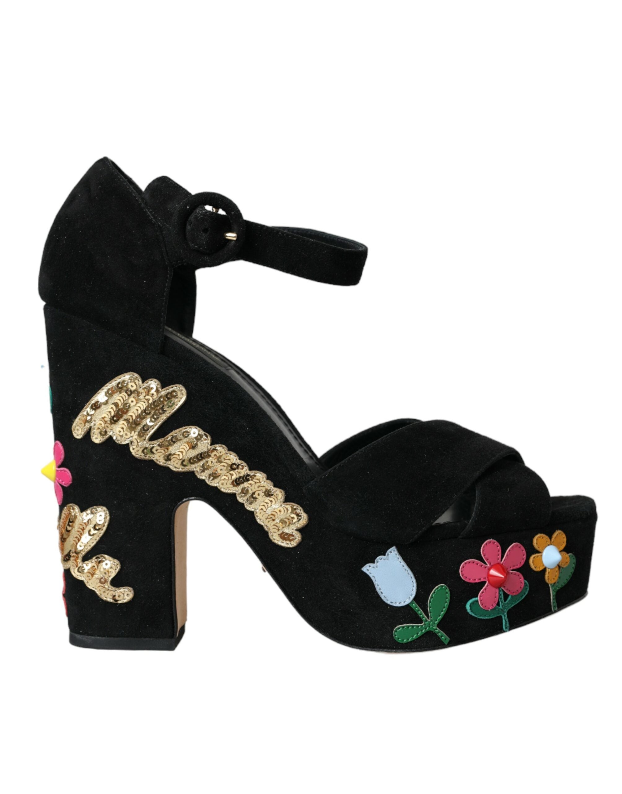 Dolce & Gabbana Black Floral Ankle Strap Heels Sandals Shoes Glam Steals