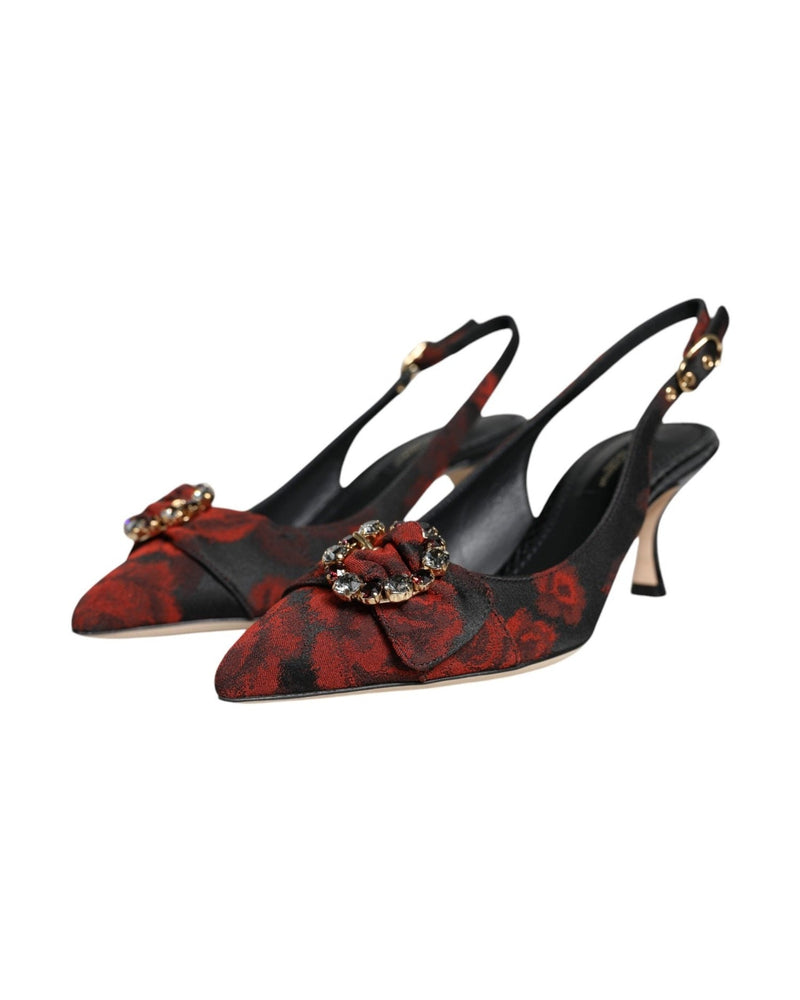 Dolce & Gabbana Black Red Floral Crystal Heel Slingback Shoes Glam Steals