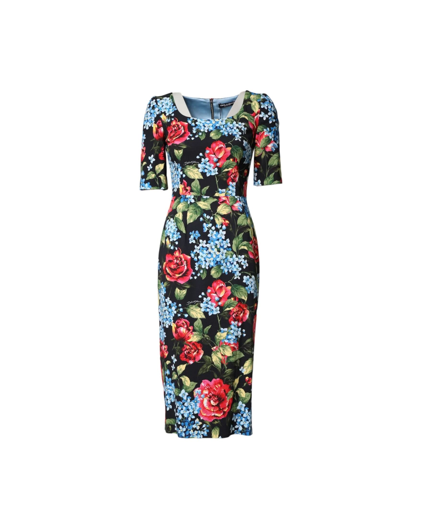 Dolce & Gabbana Black Floral Print Viscose Sheath Midi Dress Dresses