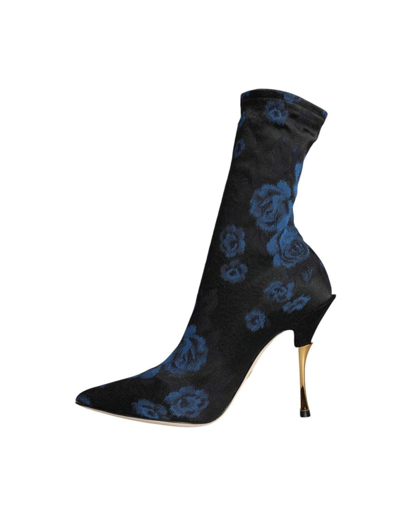Dolce & Gabbana Black Floral Stretch Mid Calf Boots Shoes Glam Steals