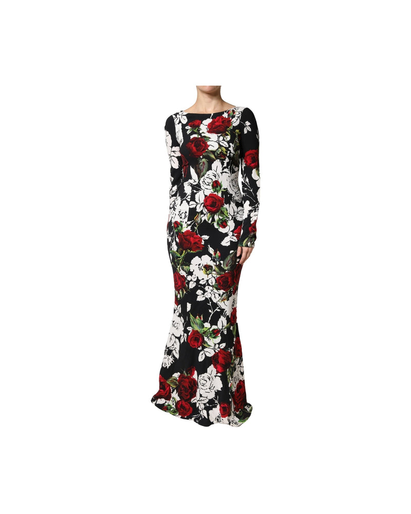 Dolce & Gabbana Black Floral Viscose Bodycon Long Gown Dress Glam Steals