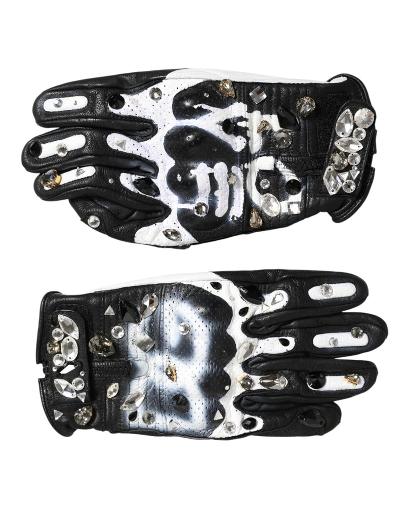 Dolce & Gabbana Black Gloves White Crystal Wrist Length Mitten Glam Steals