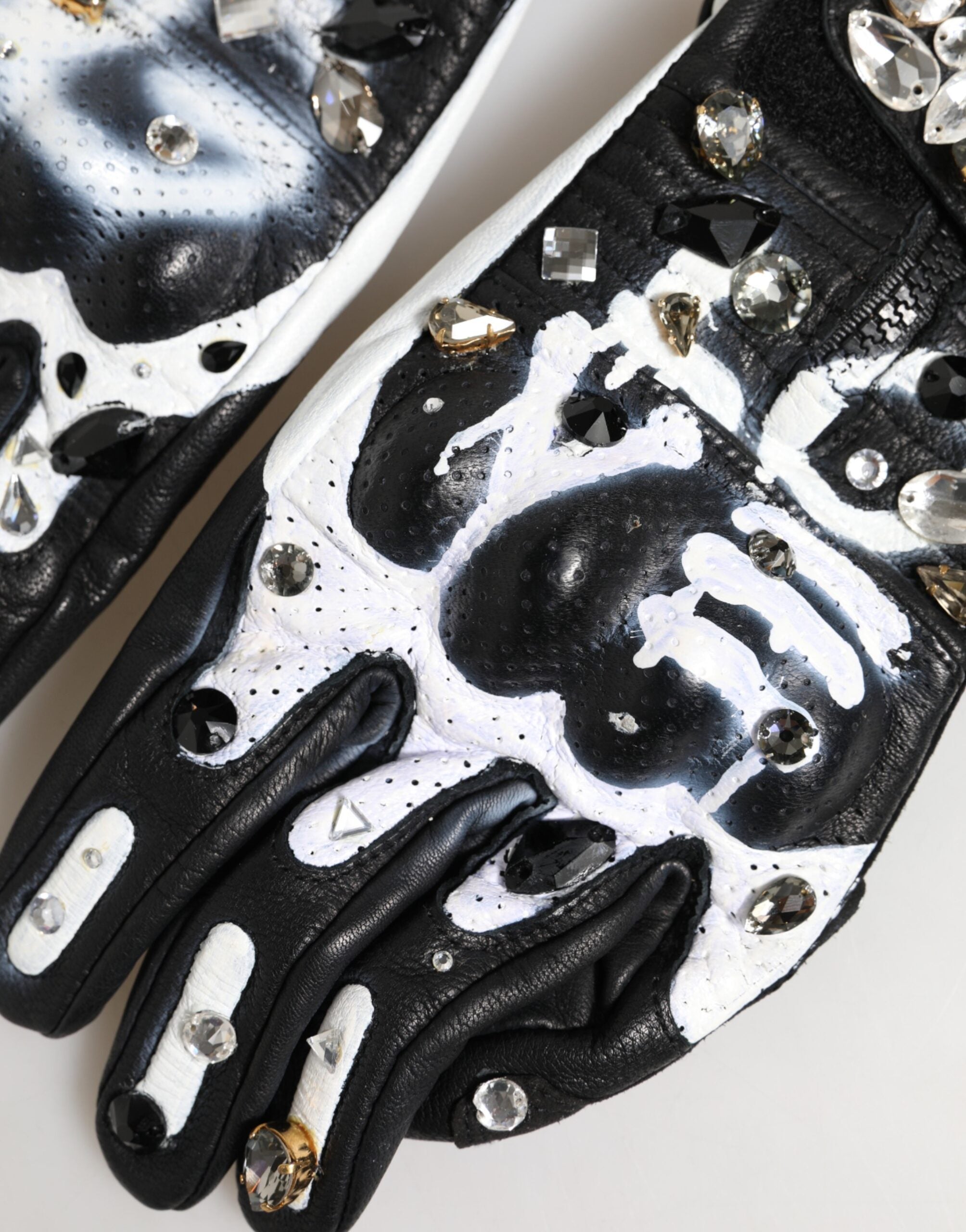 Dolce & Gabbana Black Gloves White Crystal Wrist Length Mitten Glam Steals