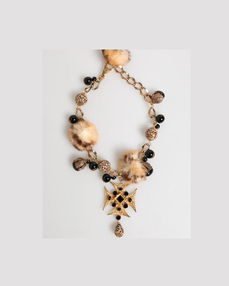 Dolce & Gabbana Black Gold Crystals Lapin Fur Filigree Choker Necklace Glam Steals