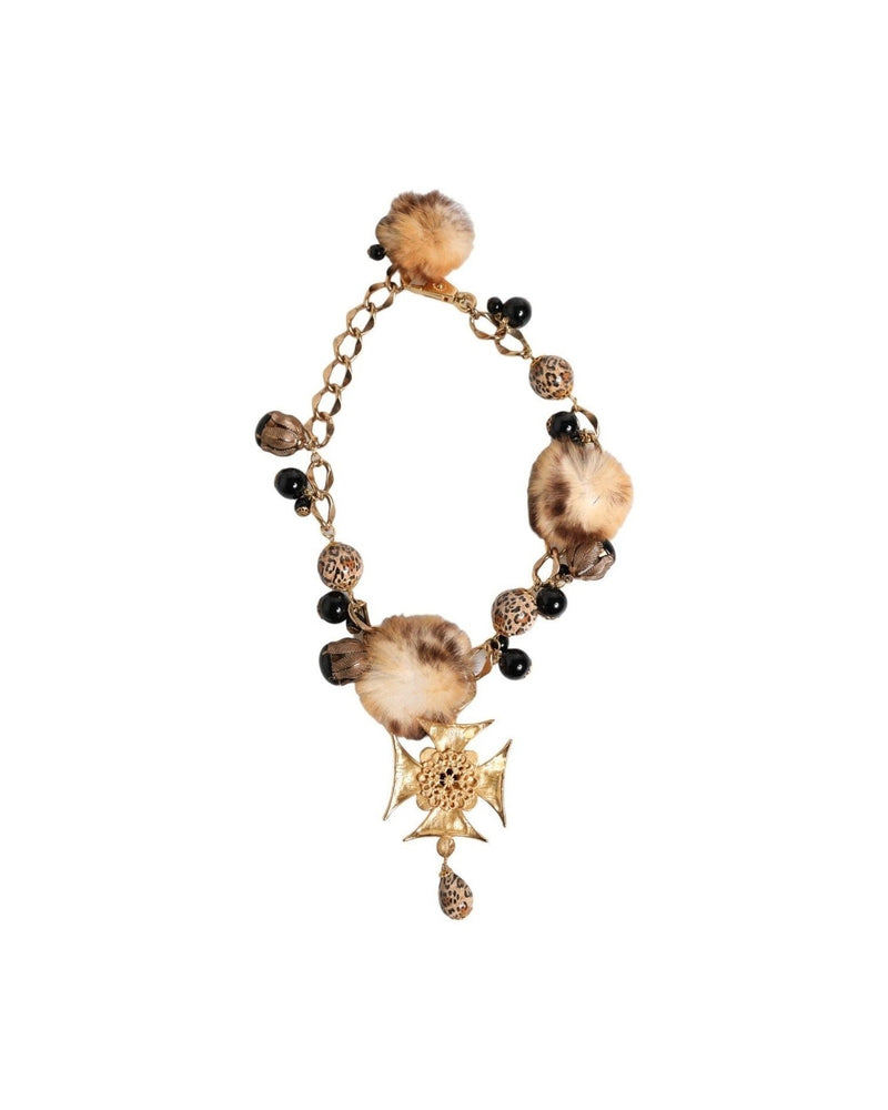 Dolce & Gabbana Black Gold Crystals Lapin Fur Filigree Choker Necklace Glam Steals