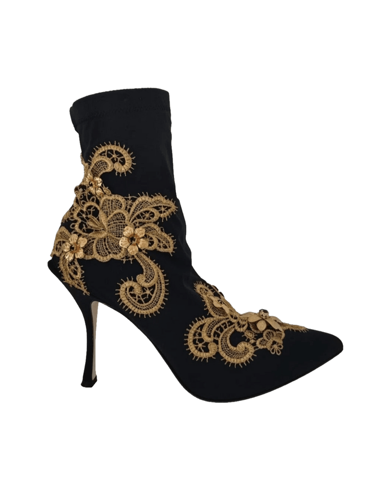 Dolce & Gabbana Black Gold Embroidery Crystal Boots Shoes Glam Steals