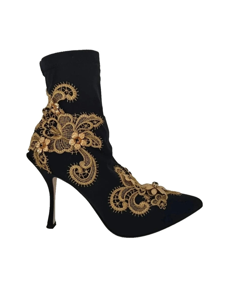 Dolce & Gabbana Black Gold Embroidery Crystal Boots Shoes Glam Steals