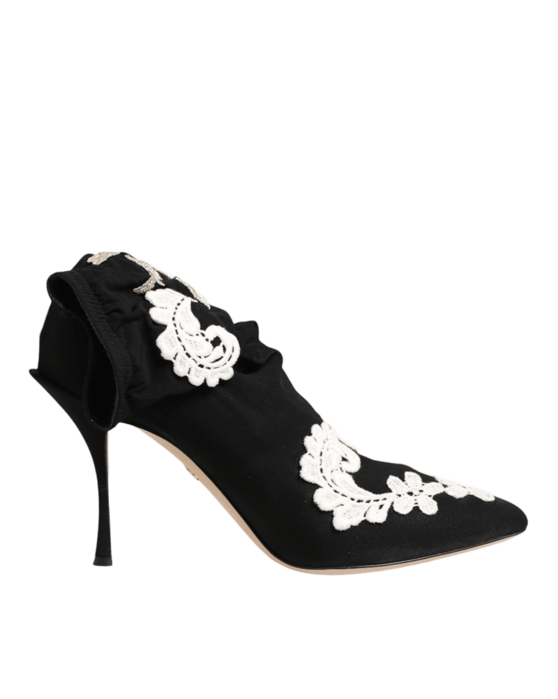 Dolce & Gabbana Black Jersey White Embroidered Stiletto Boots Shoes Glam Steals