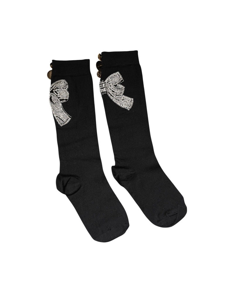 Dolce & Gabbana Black Knit Floral Crystal Embellishment Socks Socks