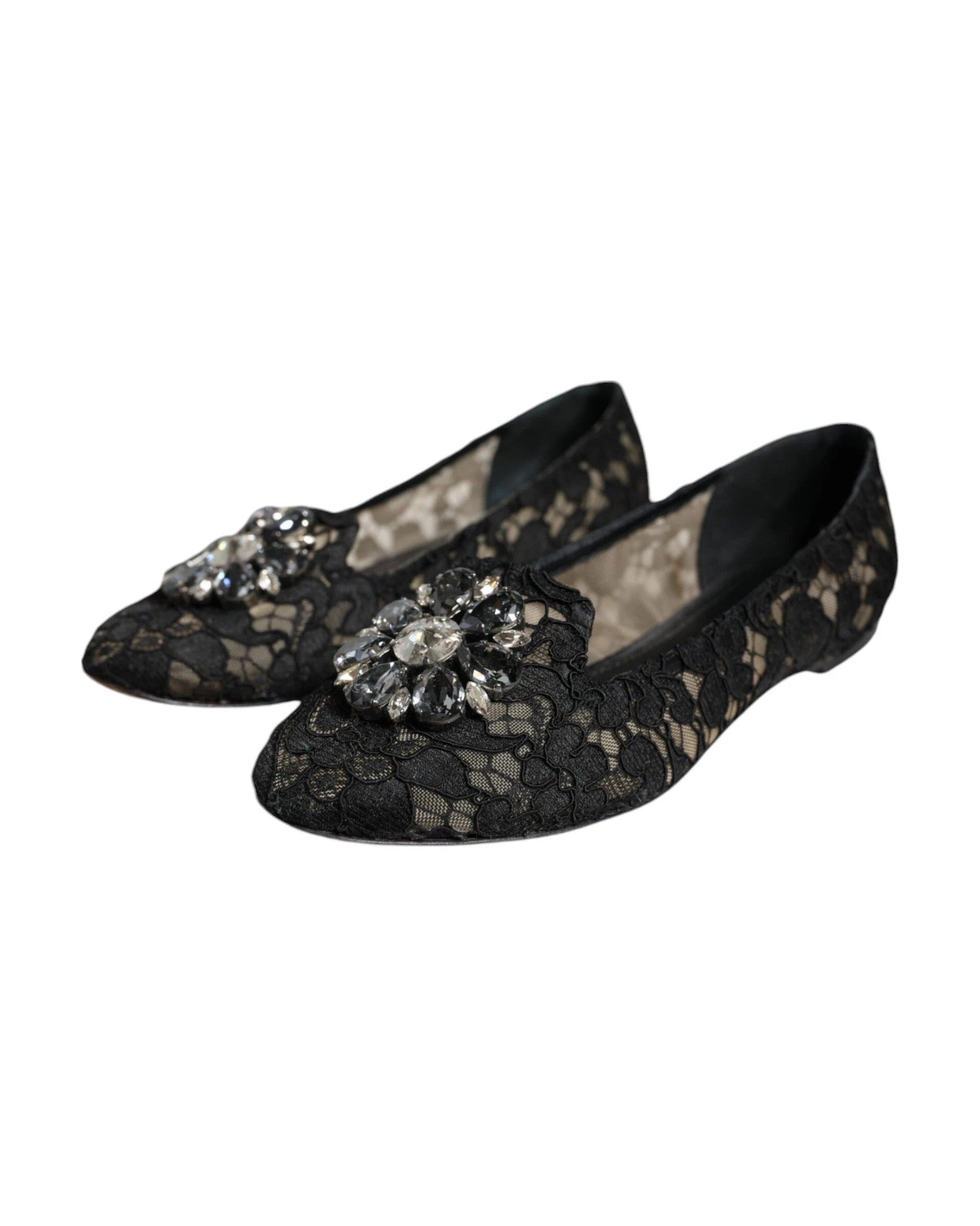 Dolce & Gabbana Black Lace Crystal Ballet Flats Loafer Shoes Glam Steals